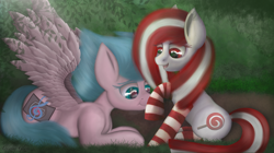 Size: 2992x1679 | Tagged: safe, artist:ledwine glass, artist:lewdielewd, imported from derpibooru, oc, oc:electric television, oc:lollipopsocks, earth pony, pegasus, pony, boop, candy, clothes, food, grass, lollipop, sitting, smiling, socks, wings