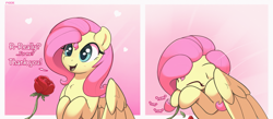 Size: 4451x1943 | Tagged: safe, artist:nookprint, imported from derpibooru, fluttershy, pegasus, pony, 2 panel comic, comic, cute, daaaaaaaaaaaw, dialogue, eating, eating flower, eyes closed, female, flower, heart, herbivore, horses doing horse things, mare, nom, offscreen character, open mouth, present, rose, rose petals, shyabetes, smiling, solo, waifu, weapons-grade cute