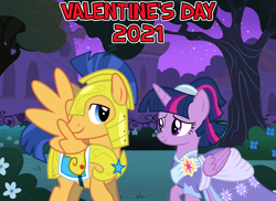 Size: 2064x1500 | Tagged: safe, anonymous artist, imported from derpibooru, flash sentry, twilight sparkle, alicorn, pegasus, pony, the last problem, 2021, armor, bella notte, canterlot, clothes, coronation dress, dress, duo, female, flashlight, flower, friends, friendship, garden, hearts and hooves day, holiday, looking at each other, lyrics in the description, male, night, royal guard armor, second coronation dress, shipping, smiling, stars, straight, twilight sparkle (alicorn), valentine's day, youtube link in the description