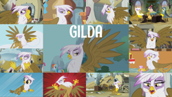 Size: 1978x1113 | Tagged: safe, edit, edited screencap, editor:quoterific, imported from derpibooru, screencap, gabby, gilda, grampa gruff, grizzle, pinkie pie, rainbow dash, earth pony, griffon, pegasus, pony, griffon the brush off, the fault in our cutie marks, the hearth's warming club, the lost treasure of griffonstone, eyes closed, female, male, open mouth, shocked, solo, teeth, trio, trio female, yelling, younger