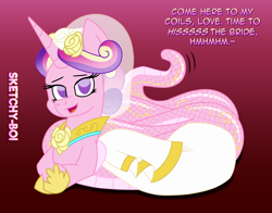 Size: 2800x2200 | Tagged: safe, artist:snakeythingy, imported from derpibooru, princess cadance, lamia, original species, bride, clothes, coils, dialogue, dress, lamiafied, looking at you, pun, species swap, story included, wedding dress