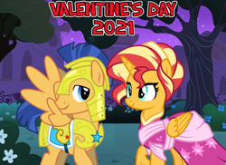 Size: 2064x1500 | Tagged: safe, alternate version, artist:orin331, edit, imported from derpibooru, flash sentry, sunset shimmer, pegasus, pony, unicorn, 2021, armor, clothes, dress, duo, female, flashimmer, friendship, gala dress, hearts and hooves day, holiday, looking at each other, male, shipping, straight, valentine's day