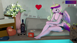 Size: 3840x2160 | Tagged: safe, artist:antonsfms, imported from derpibooru, princess cadance, alicorn, anthro, plantigrade anthro, 3d, alcohol, barefoot, beer, beer bottle, bottle, bouquet, bouquet of flowers, box of chocolates, bra, candy, chair, clothes, cute, feet, female, floating heart, flower, food, glass, heart, hearts and hooves day, holiday, looking at you, phone, pillow, poolside, shoes, shorts, sitting, smiling, solo, source filmmaker, speaker, sports bra, text, underwear, valentine's day, wine, wine bottle, wine glass, wings