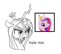 Size: 1197x1045 | Tagged: safe, artist:handgunboi, imported from derpibooru, princess cadance, queen chrysalis, alicorn, changeling, changeling queen, pony, bust, female, open mouth, simple background, vulgar, white background