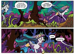 Size: 991x711 | Tagged: safe, idw, imported from derpibooru, princess celestia, princess luna, star swirl the bearded, alicorn, pony, unicorn, legends of magic, spoiler:comic, spoiler:comiclom1, alternate dimension, alternate universe, comic, dark forest, female, male, mare, night, rescue, running, stallion, young celestia, young luna