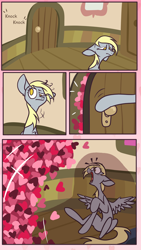 Size: 1080x1920 | Tagged: safe, artist:german_frey, imported from derpibooru, part of a set, derpy hooves, pegasus, pony, comic, commission, confused, door, female, hearts and hooves day, holiday, implied doctor whooves, mare, raised hoof, sad, shocked, sitting, solo, surprised, valentine, valentine's day, valentine's day card, ych result