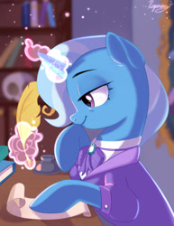 Size: 1920x2489 | Tagged: safe, artist:regendary, imported from derpibooru, trixie, pony, unicorn, book, bookshelf, counselor trixie, female, holiday, inkwell, magic, mare, older, older trixie, quill, scroll, solo, telekinesis, valentine's day