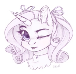 Size: 1240x1215 | Tagged: safe, artist:vird-gi, imported from derpibooru, rarity, pony, unicorn, alternate hairstyle, bow, chest fluff, ear fluff, female, hair bow, jewelry, looking at you, mare, necklace, one eye closed, ribbon, sketch, solo, wink