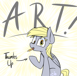 Size: 2076x2031 | Tagged: safe, artist:pinkberry, imported from derpibooru, derpy hooves, pony, female, mouth hold, pencil, solo, sunburst background, text