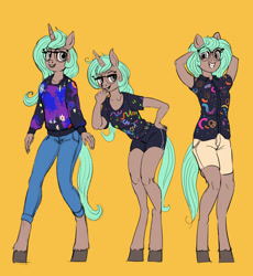 Size: 1280x1391 | Tagged: safe, artist:toisanemoif, imported from derpibooru, oc, oc only, anthro, unguligrade anthro, unicorn, '90s, clothes, glasses, grin, jeans, looking at you, pants, shirt, shorts, smiling