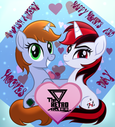 Size: 1700x1878 | Tagged: safe, artist:theretroart88, imported from derpibooru, oc, oc only, oc:blackjack, oc:littlepip, pony, unicorn, fallout equestria, fallout equestria: project horizons, cute, cutie mark, duo, fanfic art, green eyes, hearts and hooves day, holiday, looking at you, red eyes, show accurate, smiling, text, valentine's day