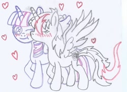 Size: 718x520 | Tagged: safe, artist:nephilim rider, imported from derpibooru, twilight sparkle, oc, oc:heaven lost, alicorn, blushing, female, heart, kissing, lesbian, love, traditional art, twilight sparkle (alicorn)