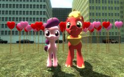 Size: 1024x640 | Tagged: safe, artist:sonic5421, imported from derpibooru, big macintosh, sugar belle, 3d, balloon, gmod, hearts and hooves day, holiday, valentine's day