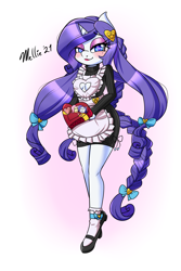 Size: 1200x1800 | Tagged: safe, artist:melliedraws, imported from derpibooru, rarity, anthro, blushing, box of chocolates, clothes, heart, heart eyes, heart nostrils, looking at you, maid, socks, solo, stockings, thigh highs, wingding eyes