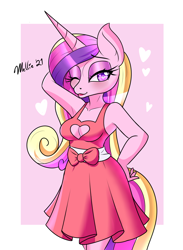 Size: 950x1300 | Tagged: safe, artist:melliedraws, imported from derpibooru, princess cadance, anthro, boob window, breasts, cleavage, clothes, dress, heart, heart eyes, heart nostrils, looking at you, one eye closed, solo, wingding eyes, wink, winking at you