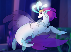 Size: 990x720 | Tagged: safe, artist:oriando, imported from derpibooru, queen novo, seapony (g4), my little pony: the movie, bioluminescent, clothes, colored pupils, crown, dorsal fin, eyelashes, female, fin wings, fins, fish tail, flowing mane, flowing tail, jewelry, purple eyes, queen, regalia, seaquestria, seaweed, see-through, smiling, solo, tail, underwater, water, wings