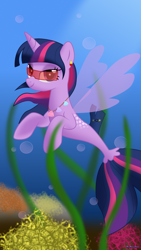 Size: 1080x1920 | Tagged: safe, artist:brucehun, imported from derpibooru, twilight sparkle, alicorn, pony, seapony (g4), bubble, crepuscular rays, deviantart watermark, dorsal fin, female, fin wings, fish tail, flowing mane, flowing tail, horn, jewelry, necklace, obtrusive watermark, ocean, purple eyes, seaponified, seapony twilight, seashell, seashell necklace, seaweed, smiling, solo, species swap, tail, twilight sparkle (alicorn), underwater, water, watermark, wings