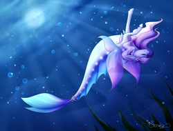 Size: 2811x2134 | Tagged: safe, artist:creativecocoacookie, imported from derpibooru, oc, oc only, hybrid, merpony, seapony (g4), bubble, clothes, crepuscular rays, dorsal fin, eyes closed, female, fish tail, flower, flower in hair, flowing mane, flowing tail, looking up, ocean, seaweed, see-through, smiling, solo, tail, underwater, water, wings
