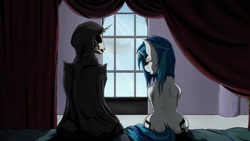 Size: 2074x1167 | Tagged: safe, artist:mixdaponies, imported from derpibooru, dj pon-3, vinyl scratch, skeleton pony, unicorn, ars vivendi memento mori, bed, bedroom, bone, grim reaper, skeleton, the pale trotter