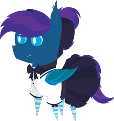 Size: 5699x6073 | Tagged: safe, artist:cosmiceclipsed, artist:tikibat, derpibooru exclusive, imported from derpibooru, oc, oc only, oc:stardust, oc:stardust(cosmiceclipse), bat pony, pony, bat pony oc, bat wings, bow, clothes, crossdressing, ear fluff, eyeshadow, fangs, femboy, hair bow, makeup, male, membranous wings, ponytail, school uniform, simple background, skirt, slit eyes, slit pupils, socks, solo, stallion, striped socks, transparent background, wings