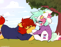 Size: 1458x1120 | Tagged: safe, artist:cottonsweets, imported from derpibooru, oc, oc only, oc:cottonsweets, oc:steffy, earth pony, unicorn, clothes, glasses, shipping, sweater, tree