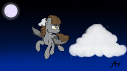 Size: 3860x2160 | Tagged: safe, artist:justapone, imported from derpibooru, oc, oc only, oc:devin, bat pony, pony, brown mane, brown tail, cloud, colored, flying, grey fur, moon, moonlight, night, night sky, nightsky, scenery, sky, solo, stars, yellow eyes