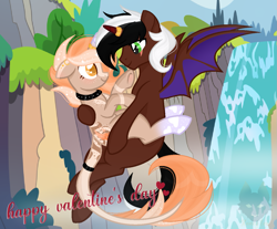 Size: 1203x997 | Tagged: safe, artist:louyalpha, imported from derpibooru, oc, oc only, oc:kingdicesombra, oc:louyalpha, alicorn, bat pony, bat pony alicorn, pony, unicorn, bat wings, colored pupils, couple, duo, holiday, horn, horn ring, leonine tail, love, ponyville, ring, sfw, sky, tail, valentine's day, wings