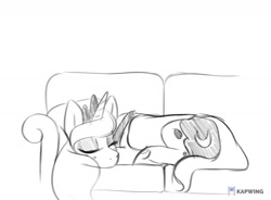 Size: 1280x942 | Tagged: safe, artist:bunchedupletters, imported from derpibooru, princess luna, alicorn, pony, behaving like a dog, cap, couch, cute, cutie mark, female, hat, jewelry, lunabetes, mare, monochrome, regalia, simple background, sleeping, solo