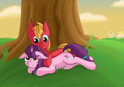 Size: 3350x2360 | Tagged: safe, artist:wapamario63, imported from ponybooru, big macintosh, sugar belle, earth pony, pony, unicorn, couple, cute, detailed background, female, grass, horn, house, looking at each other, lying down, male, mare, orange mane, orange tail, pink coat, purple mane, purple tail, red coat, shipping, smiling, stallion, straight, sugarmac, sunset, tree, ych example, your character here