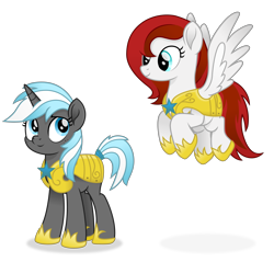 Size: 4517x4322 | Tagged: safe, artist:cirillaq, imported from ponybooru, oc, oc only, oc:feather scarf, oc:star dusk, pegasus, pony, unicorn, armor, duo, female, flying, freckles, guardsmare, horn, mare, royal guard, royal guard armor, simple background, spread wings, transparent background, wings