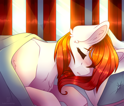 Size: 3550x3050 | Tagged: safe, artist:ladycometeclips, imported from ponybooru, oc, oc only, oc:feather scarf, pegasus, pony, bed, blanket, chest fluff, ear fluff, ears, eyes closed, fanfic art, female, mare, morning, pillow, sleeping