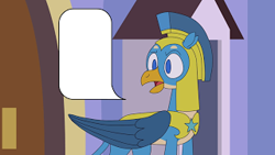 Size: 320x180 | Tagged: safe, artist:noidavaliable, imported from ponybooru, screencap, gallus, griffon, armor, chat bubble, looking at someone, male, older, older gallus, open mouth, royal guard, royal guard armor, solo, solo male, talking, template, textless