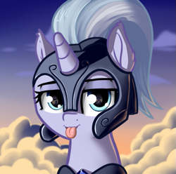 Size: 561x556 | Tagged: safe, artist:neuro, imported from ponybooru, silver sable, pony, unicorn, armor, bust, cloud, eye reflection, female, guardsmare, helmet, lidded eyes, looking at you, mare, mlem, reflection, royal guard, silly, solo, tongue out