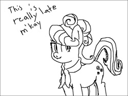 Size: 800x600 | Tagged: safe, artist:anonymous, suri polomare, earth pony, pony, clothes, dialogue, female, looking at you, mare, monochrome, scarf, simple background, sketch, smiling, solo