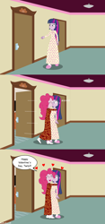 Size: 1920x4115 | Tagged: safe, artist:robukun, imported from derpibooru, pinkie pie, twilight sparkle, equestria girls, clothes, comic, female, holiday, lesbian, long dress, long skirt, nightgown, pajamas, shipping, skirt, twinkie, valentine's day