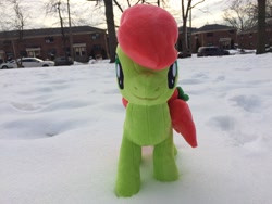 Size: 3264x2448 | Tagged: safe, artist:topsangtheman, imported from derpibooru, peachy sweet, earth pony, pony, apple family member, cute, irl, looking at you, park, photo, plushie, snow, solo