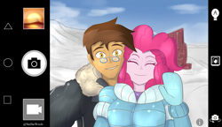 Size: 2551x1474 | Tagged: safe, artist:stellarwools, imported from derpibooru, pinkie pie, oc, oc:copper plume, human, equestria girls, canon x oc, clothes, colored, commission, commissioner:imperfectxiii, copperpie, female, looking at you, male, mountain, shipping, snow, straight, vacation, winter, winter outfit