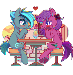 Size: 2480x2562 | Tagged: safe, artist:musicfirewind, artist:wavecipher, imported from derpibooru, oc, oc only, oc:cyberwave, oc:superluminal, earth pony, pegasus, pony, blushing, colored wings, commission, drink, eyeshadow, flower, flower in hair, gay, glasses, gradient wings, heart, heart eyes, holiday, lidded eyes, looking at each other, makeup, male, rule 63, sharing a drink, shipping, simple background, sitting, stallion, stool, straw, table, transparent background, unshorn fetlocks, valentine's day, wingding eyes, wings, ych result