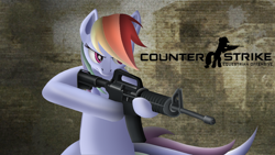 Size: 1920x1080 | Tagged: safe, artist:cryzeu, imported from derpibooru, rainbow dash, pegasus, pony, assault rifle, counter-strike, counter-strike: global offensive, crossover, determined, female, gradient hooves, gradient mane, gun, lineless, logo, mare, rifle, serious, serious face, wallpaper, wallpaper resolution, weapon