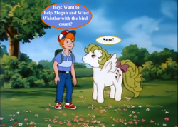 Size: 934x664 | Tagged: safe, edit, edited screencap, imported from derpibooru, screencap, danny williams, surprise, my little pony 'n friends, the great rainbow caper, baseball cap, bow, cap, dialogue, g1, hat, implied megan, implied wind whistler, speech bubble, surprise (g1), tail bow, this will not end well, tree