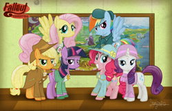 Size: 1700x1100 | Tagged: safe, artist:shungire, imported from derpibooru, applejack, fluttershy, pinkie pie, rainbow dash, rarity, twilight sparkle, earth pony, pegasus, pony, unicorn, fallout equestria, brooch, clothes, flower, hat, jewelry, logo, mane six, map, map of equestria, ministry of arcane sciences, ministry of awesome, ministry of image, ministry of morale, ministry of peace, ministry of wartime technology, overcoat, unicorn twilight, uniform, uniform hat