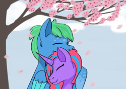 Size: 7016x4961 | Tagged: safe, artist:backgroundpony#f352, imported from derpibooru, oc, pegasus, pony, unicorn, cute, eyes closed, fluffy, horn, hug, tree, wings