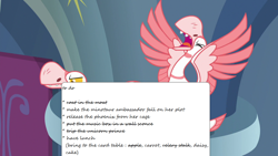 Size: 1280x720 | Tagged: safe, edit, edited screencap, imported from derpibooru, screencap, bird, goose, sparkle's seven, canterlot castle, implied blueblood, implied oc, implied philomena, text, throne room, to do list, to-do list, untitled goose game