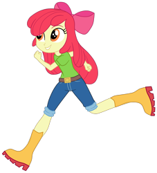 Size: 2034x2239 | Tagged: safe, artist:gmaplay, imported from derpibooru, apple bloom, equestria girls, apple bloom's bow, boots, bow, clothes, hair bow, jeans, music in my ears, pants, running, shirt, shoes, simple background, solo, transparent background, vector