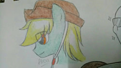 Size: 1138x640 | Tagged: safe, artist:aleuoliver, artist:aleurajan, imported from derpibooru, oc, oc only, earth pony, pony, bust, earth pony oc, eye clipping through hair, hat, solo, traditional art