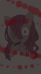 Size: 675x1200 | Tagged: safe, alternate version, artist:aleuoliver, artist:aleurajan, imported from derpibooru, pinkie pie, earth pony, pony, blood, bust, female, hair over one eye, knife, looking at you, mare, pinkamena diane pie, smiling, solo, yandere, yandere pie