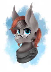 Size: 700x988 | Tagged: safe, artist:das_leben, imported from derpibooru, oc, oc:times one, bat pony, bust, clothes, ear tufts, glasses, looking at you, male, portrait, scarf