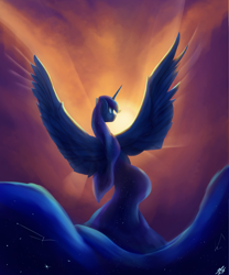 Size: 1800x2160 | Tagged: safe, artist:tenebrisnoctus, imported from derpibooru, princess luna, alicorn, pony, facing away, female, mare, solo, spread wings, wings