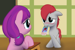 Size: 1500x1000 | Tagged: safe, artist:mightyshockwave, imported from derpibooru, lily longsocks, train tracks (character), earth pony, pony, adorasocks, blushing, card, chalkboard, classroom, colt, crossed legs, cute, cutie mark, desk, female, filly, foal, grass, heart, hearts and hooves day, locomotive, looking at each other, love, male, ponytail, puppy love, school, shipping, simpsons did it, sky, smoke, steam locomotive, straight, text, train, train tracks (g4), trainbetes, trainsocks