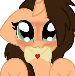 Size: 752x760 | Tagged: safe, artist:lynnthenerdkitty, imported from derpibooru, oc, oc:small brooke, pony, unicorn, :3, blushing, holiday, looking at you, mouth hold, underhoof, valentine's day